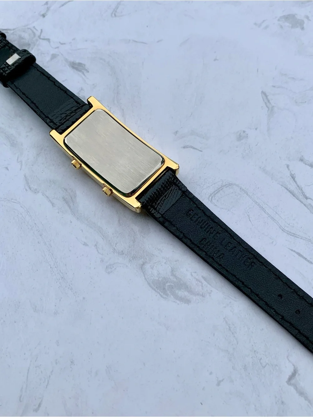 Avalon by Citizen Gold-Tone Rectangular Dual Dial Watch with Black Strap